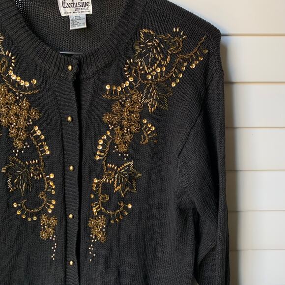 Vintage Gold Beaded and Sequin Black Cardigan Knit Sweater Women's Medium - Picture 6 of 11